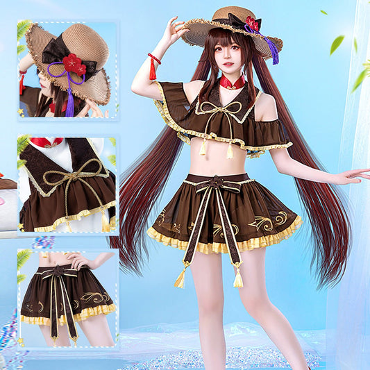 Genshin Impact Hutao Summer Beach Swimsuits Girl High Quality Anime Game Halloween Cosplay Costume - Qcoser