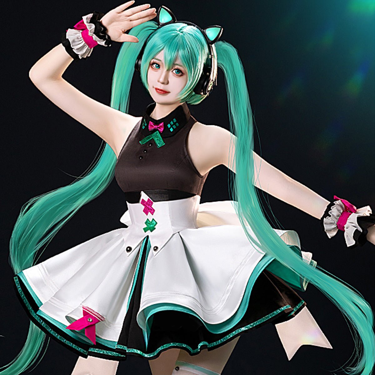 Hatsune Miku Vocal Cosplay Costume Little Raccoon Dress with Waistband and Sleeves and Thigh Cosplay Costume - Qcoser