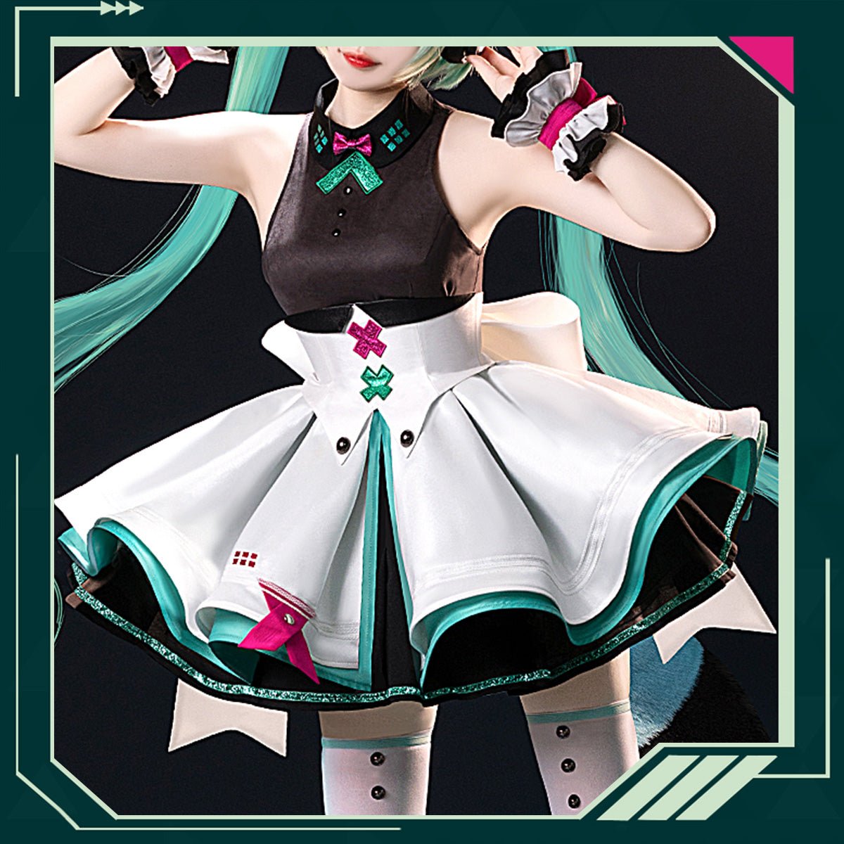 Hatsune Miku Vocal Cosplay Costume Little Raccoon Dress with Waistband and Sleeves and Thigh Cosplay Costume - Qcoser