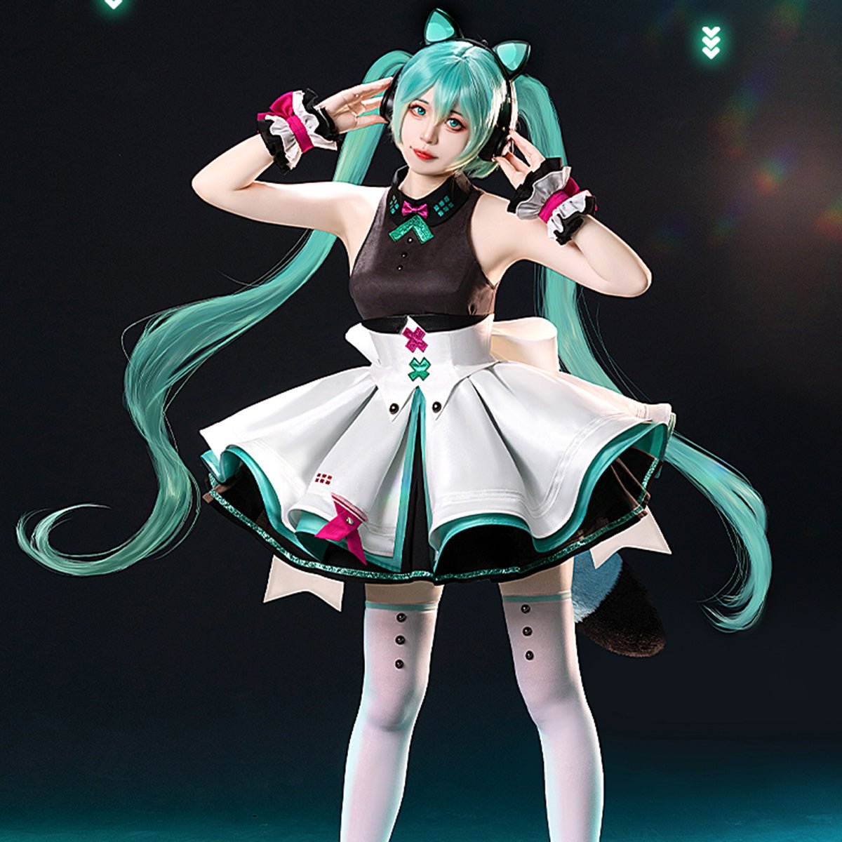 Hatsune Miku Vocal Cosplay Costume Little Raccoon Dress with Waistband and Sleeves and Thigh Cosplay Costume - Qcoser