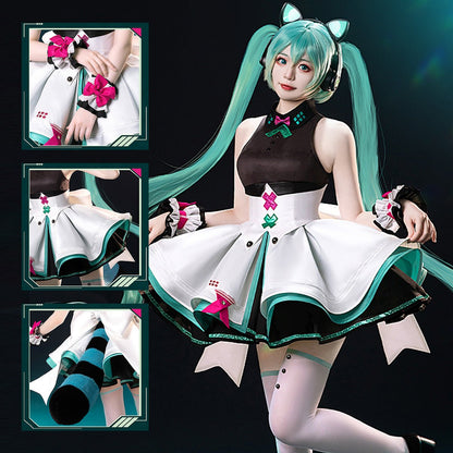 Hatsune Miku Vocal Cosplay Costume Little Raccoon Dress with Waistband and Sleeves and Thigh Cosplay Costume - Qcoser