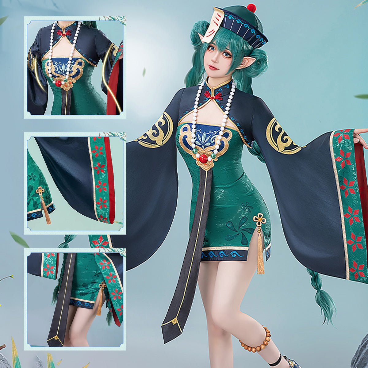 Hatsune Miku Vocal Little Zombie Top and Dress with Hat and Necklace Cosplay Costume - Qcoser