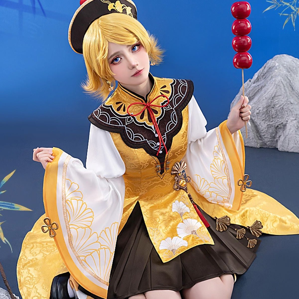 Hatsune Miku Vocal Rin Monk Costume Top Skirt with Hat and Shawl Cosplay Costume - Qcoser