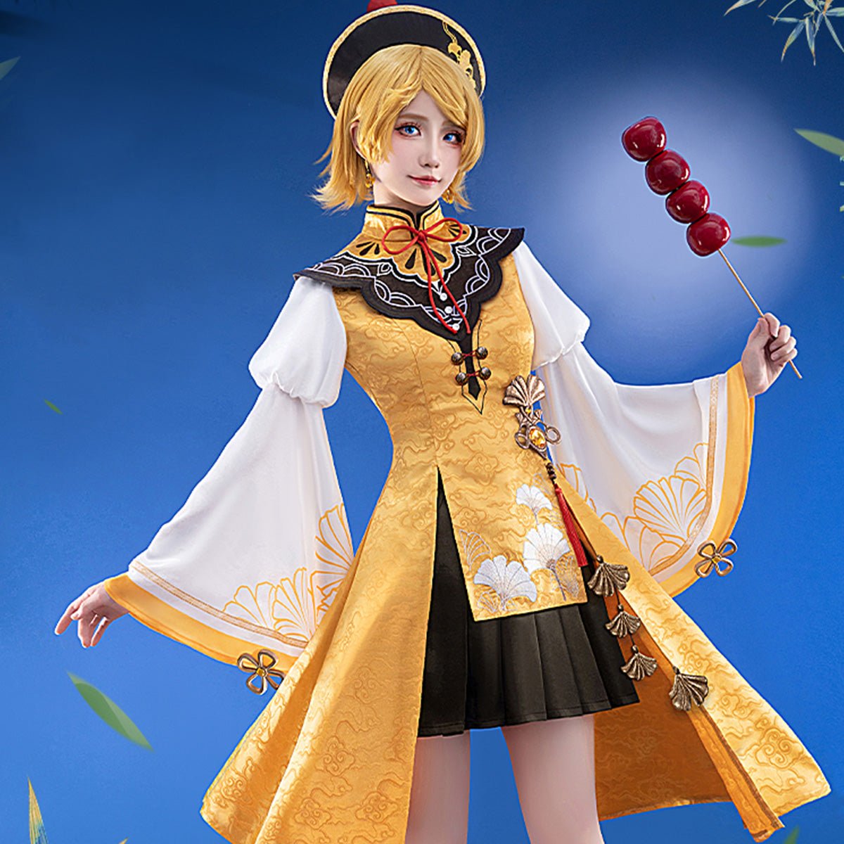 Hatsune Miku Vocal Rin Monk Costume Top Skirt with Hat and Shawl Cosplay Costume - Qcoser