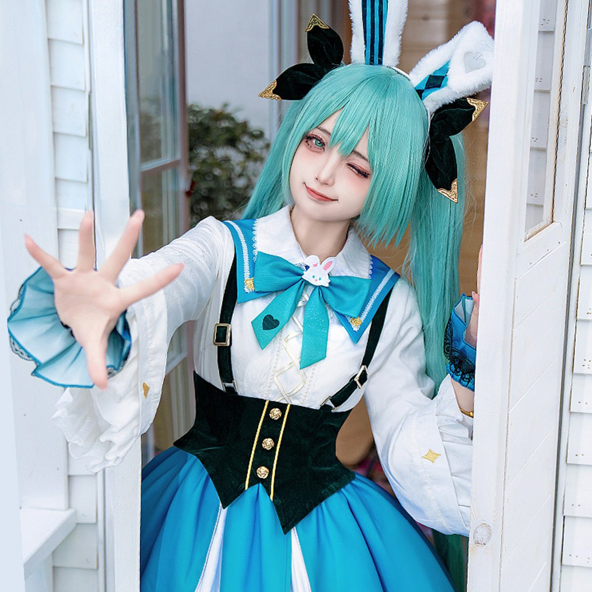 Hatsune Miku Vocaloid Rabbit White Blue Cute Dress Cosplay Costume - Qcoser