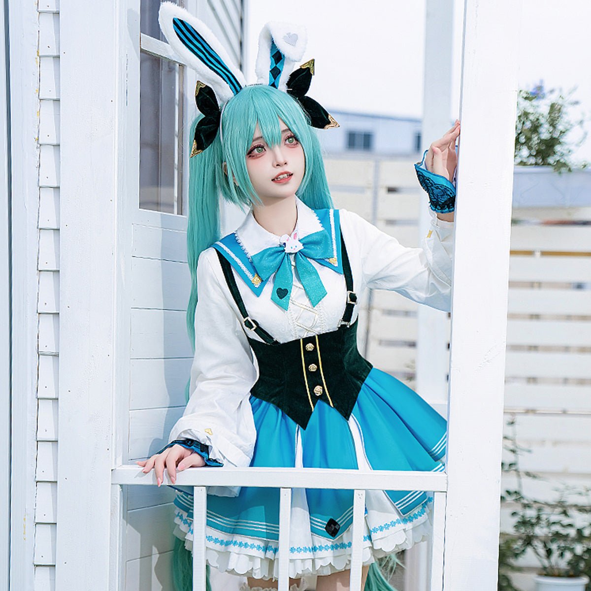 Hatsune Miku Vocaloid Rabbit White Blue Cute Dress Cosplay Costume - Qcoser