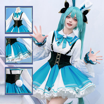 Hatsune Miku Vocaloid Rabbit White Blue Cute Dress Cosplay Costume - Qcoser